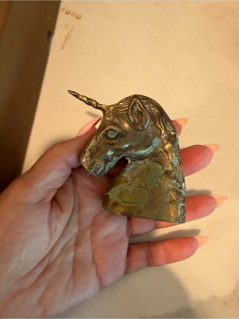 Brass Unicorn Head Sculpture - Gold Decorative Accent paper weight